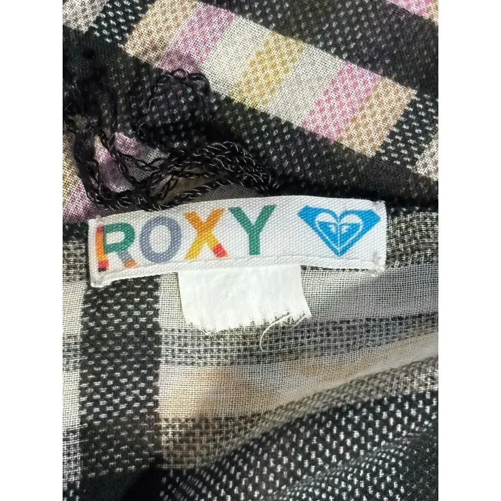 Roxy Neutral Plaid Lightweight Scarf Black Gray Cream Fringe Classic Accessory